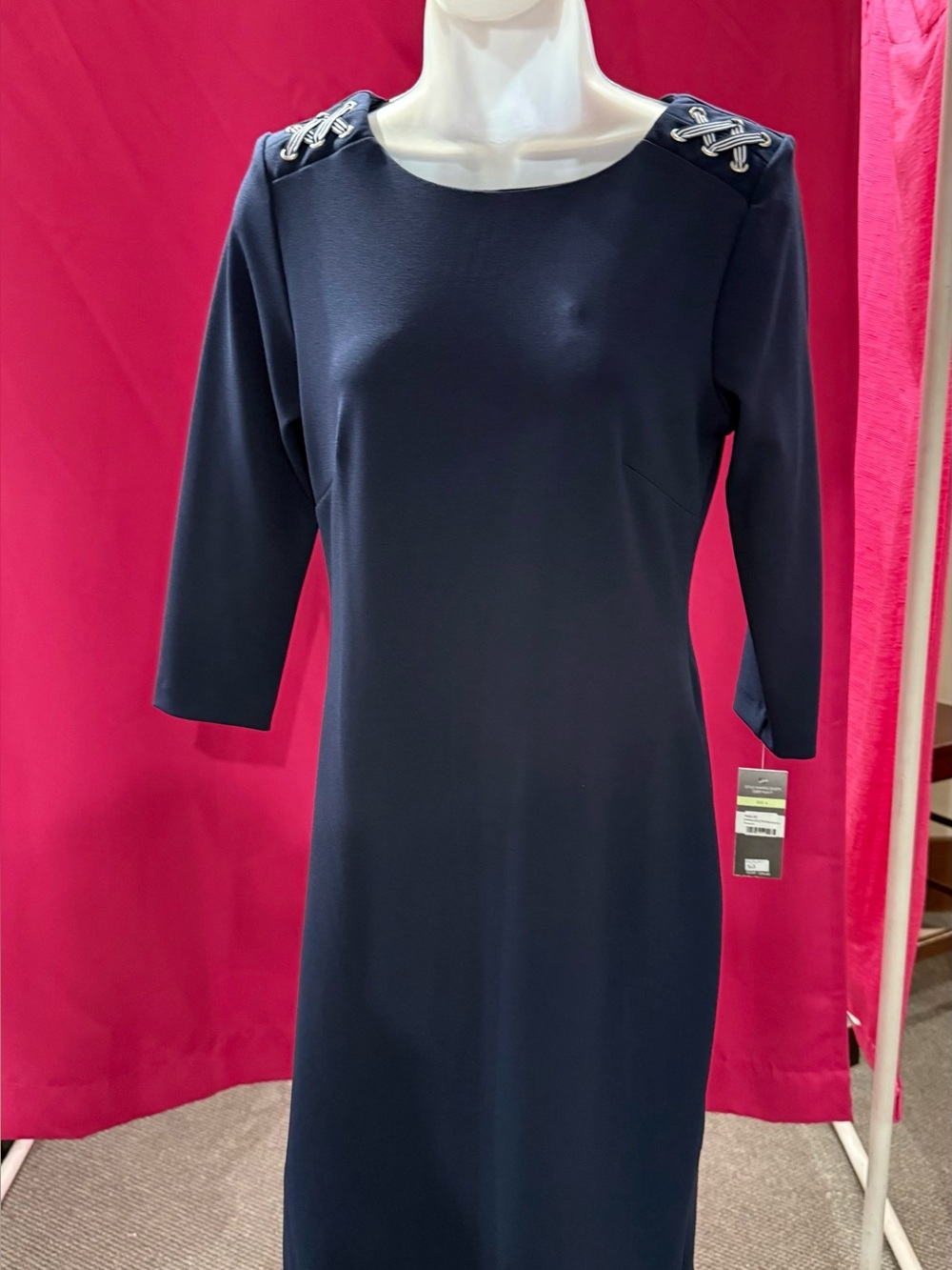 Classic Navy Sheath Dress with Shoulder Accent